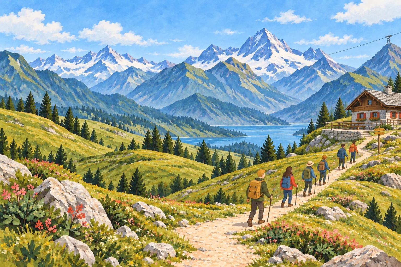 Gemalte Schweizer Alpen mit einer Wandergruppe, einer Berghütte und einer roten Seilbahn.