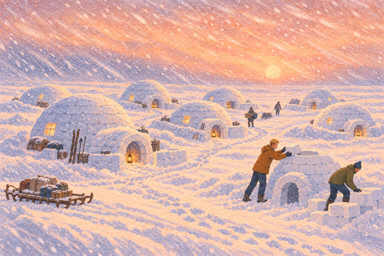 Gemaltes Igludorf im Schneesturm, mit Menschen beim Iglubauen und warm leuchtenden Laternen.